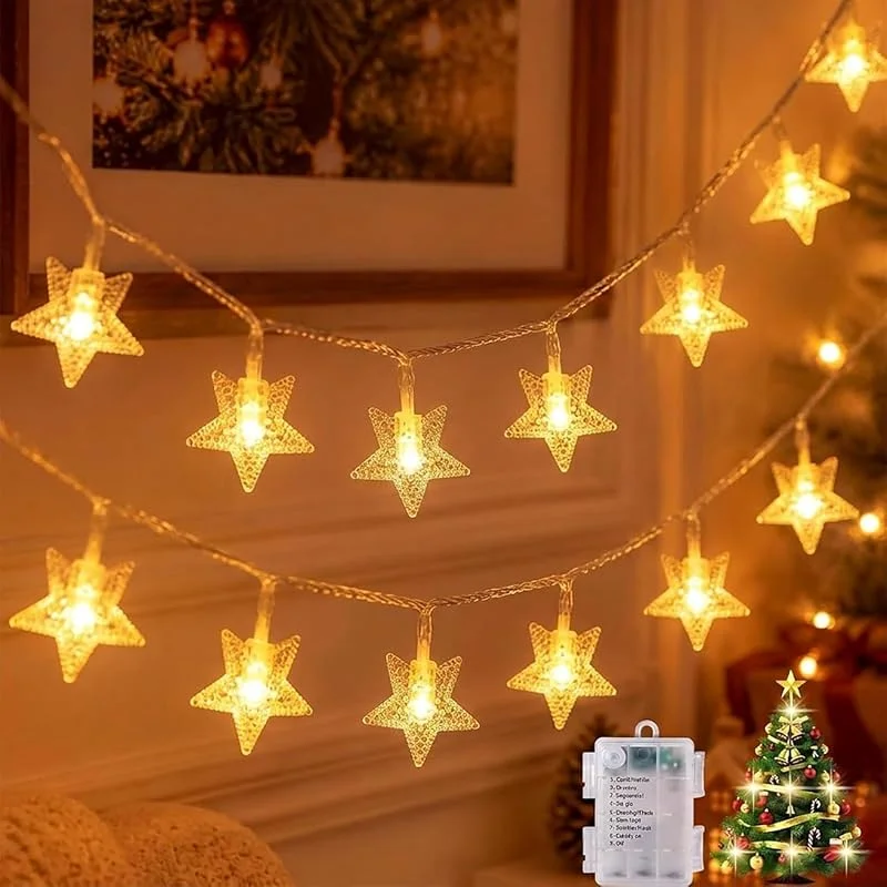 POIFL Luces de Hadas Estrella, 6M 40 LED Guirnalda Pilas Estrella con 8 Modos — Luces Navidad