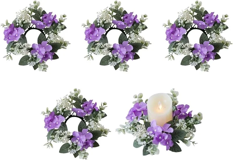 Huilimei 5 Piezas Anillos de Velas Coronas de 25 cm, Corona de Hortensia Artificial Coronas de Velas para Pilares Navidad Boda Hogar Mesa Fiesta Decoración (Morado) — Decoracion Navidad