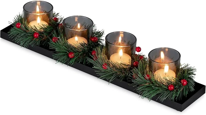 Visita la tienda de Sziqiqi Sziqiqi Corona de Adviento Alargada de Metal: Bandeja de Adviento Negra Portavelas con Vidrio Ahumado y Pequeña Corona Navideña - Candelero Moderno para Decoración de Mesa — Decoracion Navidad