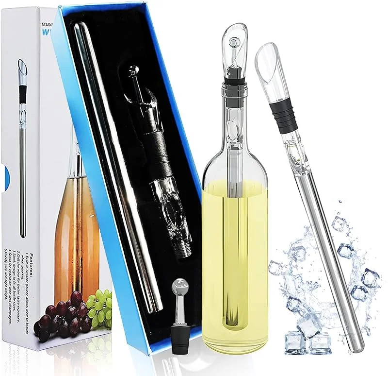 FainFun Enfriador de Botellas de Vino, FainFun Acero Inoxidable Enfriador de Botellas, 3 en 1 Enfriador de Vino: Enfriador + Tapón de Vino + Vertedor Antigoteo, para los Amantes del Vino — Vino y mesa festiva