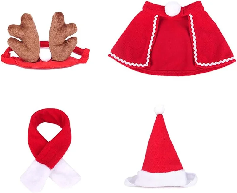 Frgasgds Disfraz De Gato Navidad 4 piezas de ropa para perros y gatos, diademas de reno, abrigo con capucha roja, lindo sombrero y bufanda de Papá Noel, traje de mascota lindo y divertido para gatos pequeños — Ropa Navidad