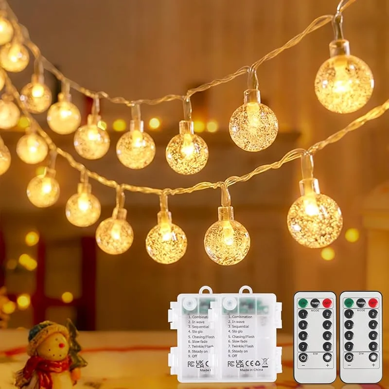 SOAIY 2PCS 6M Guirnalda Luces Exterior, Guirnalda de Luces Impermeable con 40 Bombillas, Cadena LED a Pilas con Mando a Distanacia, 8 Modos y Función de Temporizador, para Jardín Balcón, Blanco Cálido — Luces Navidad