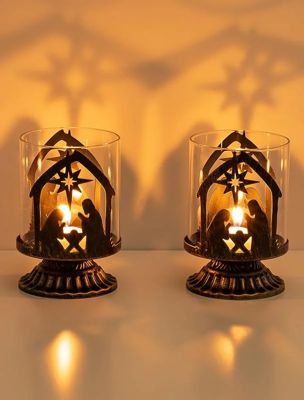 Romadedi Set de Portavelas Navideño para Belén: Juego de 2 Portavelas Vintage de Navidad de Metal para Interior con Vasos para Velas para Mesa, Salón, Adviento para Decoración Navideña — Decoracion Navidad