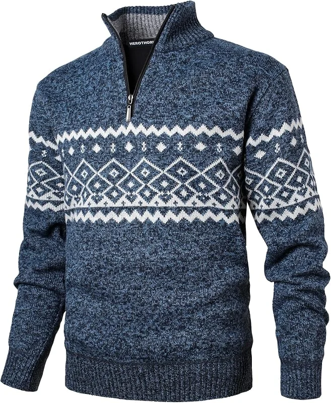 Herothorn Jersey de punto para hombre, cuello redondo, de punto fino, manga larga, forro polar, suéter noruego de punto para Navidad e invierno — Ropa Navidad