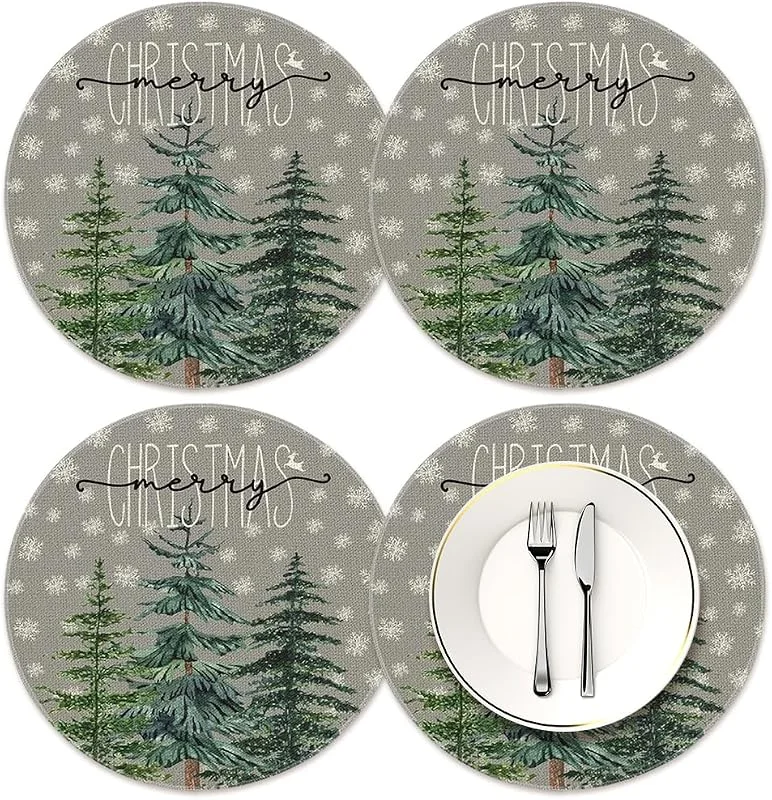 ZJILIXIA 4 Piezas Mantel Individual Redondo Navideño, Decoración De Mesa De Navidad, Manteles Individuales Lavables Redondos, Manteles Individuales De Lino, Decoraciones De Mesa De Navidad para Cena (C) — Hogar y cocina