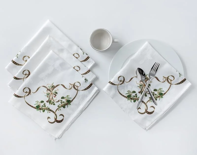 Benson Mills - Servilletas de tela de mantel con estampado jacquard y diseño de lazos para Navidad, invierno y festividades (19 x 19 pulgadas, juego de 4 servilletas, diseño de lazos festivos) — Hogar y cocina