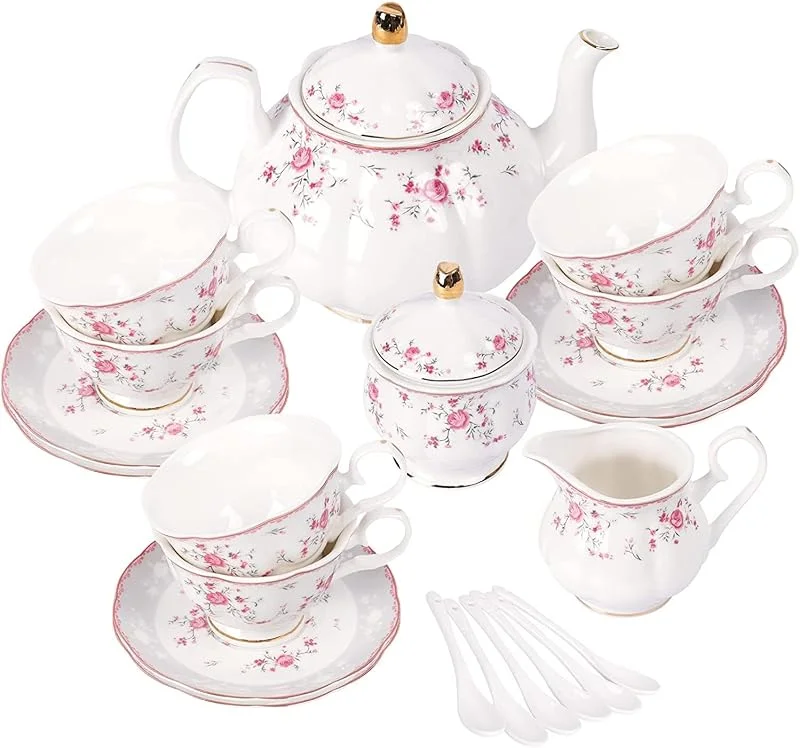 Visita la tienda de fanquare fanquare Juego de Té de Porcelana, Juego de Taza y Platillo, Juego de Té para 6 Personas, Tetera de Boda Azucarera Jarra de Crema, Juego de Café de China Floral, Rosa Roja — Adviento y mesa