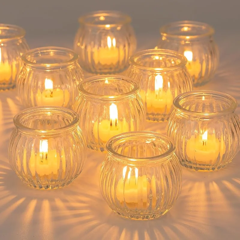 Visita la tienda de Nuptio NUPTIO Portacandelitas de Vidrio: 12 Piezas Calabaza Claro Navidad Tea Light Titulares Pequeño Cristal Acanalado Vela de Té Boda Centro de Mesa Adornos de Navidad — Cena a la luz de velas