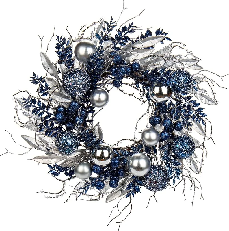 Briful Corona de Navidad para puerta para Navidad, color azul, corona de Adviento con bolas de Navidad y ramas lejanas, corona decorativa de mesa, diámetro de 40 cm — Adviento y mesa
