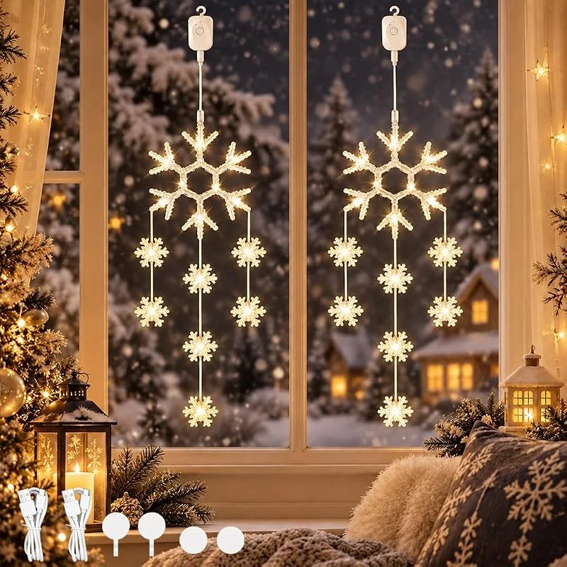 HuaMuDM LED Luces Ventana Navidad, Cortina de Luces con Copo de Nieve — Luces Navidad
