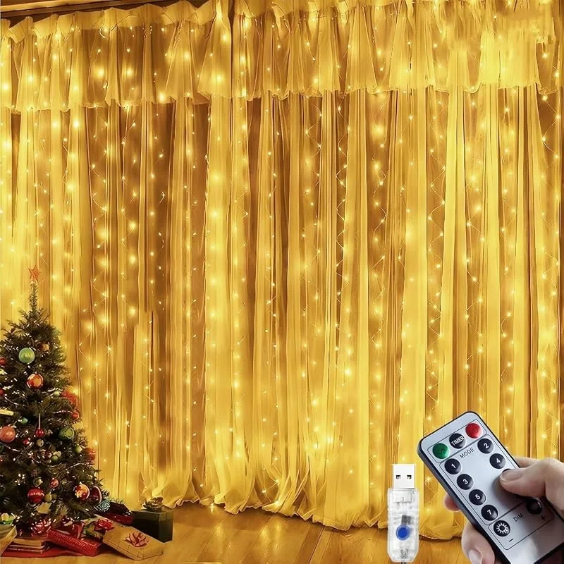 POIFL Cortina de Luces 300 LED, 3M x 3M Luces Cortina Navidad con Control Remoto, 8 Modos & Momento, Impermeable USB luz de Cortina par Dormitorio, Ventana, Fiesta, Boda, Navidad (Blanco Cálido) — Luces Navidad