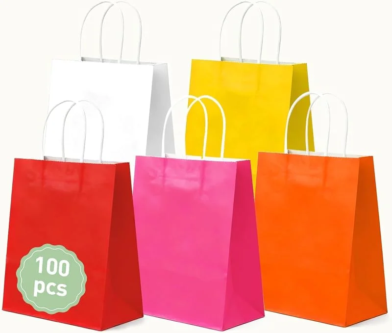 Crisgus 100 Bolsas Kraft Pequeñas con Asas para Regalos 15x8x21cm Fiestas — Envoltorio regalo