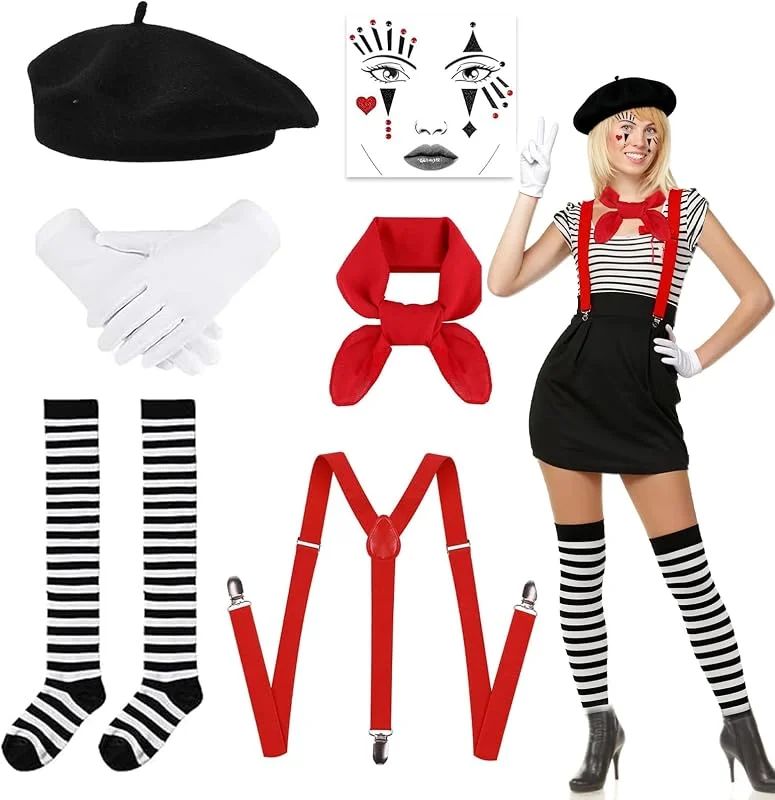 LIULINY 6 Pza Halloween Costume Pantomima Donna Disfraz Mimo Blanco y Negro — Ropa Navidad