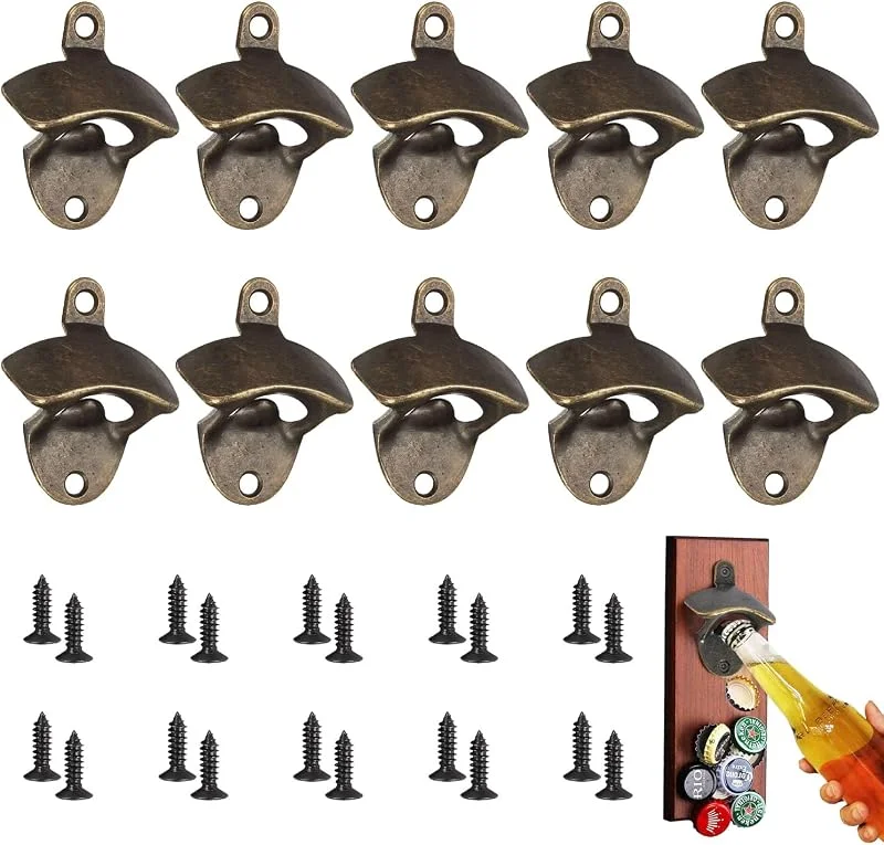 Jesdavan Abridor Cerveza Pared, 10 Piezas Abridor Botellas, Abrebotellas Pared, Abrebotellas Cerveza, con 20 Tornillos, Abridor Cerveza Adecuado para Pubs Hogares Cocinas Restaurantes(Bronce) — Vino y mesa festiva