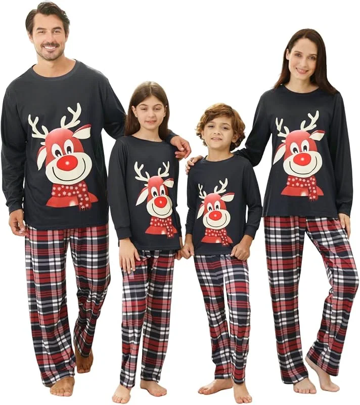 DDKJ Pijama Navidad Familia, Pijama Familiar Navidad con Estampado de Renos, Pijamas Navideños Familia Top Blanco y Pantalón de Cuadros Rojos, Blancos y Negros, Pijamas Navidad Mujer, Hombre, Niña, Niño — Ropa Navidad