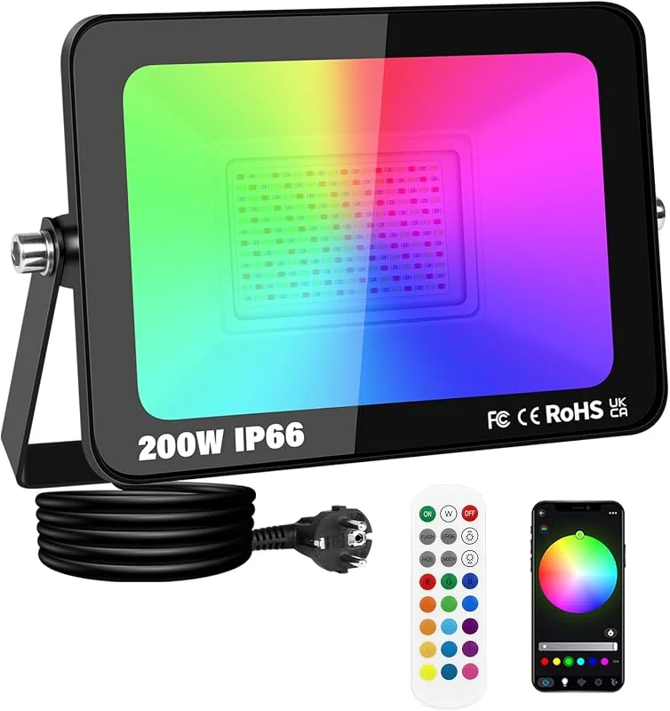 Visita la tienda de PICAA PICAA 1 Pieza 200W Foco Led RGB Exterior, 20000LM APP Control Remoto Proyector Led, Cambio de Color RGBW Estroboscópico, Luz de Pared para Jardín, Fiestas, Terraza — Luces Navidad