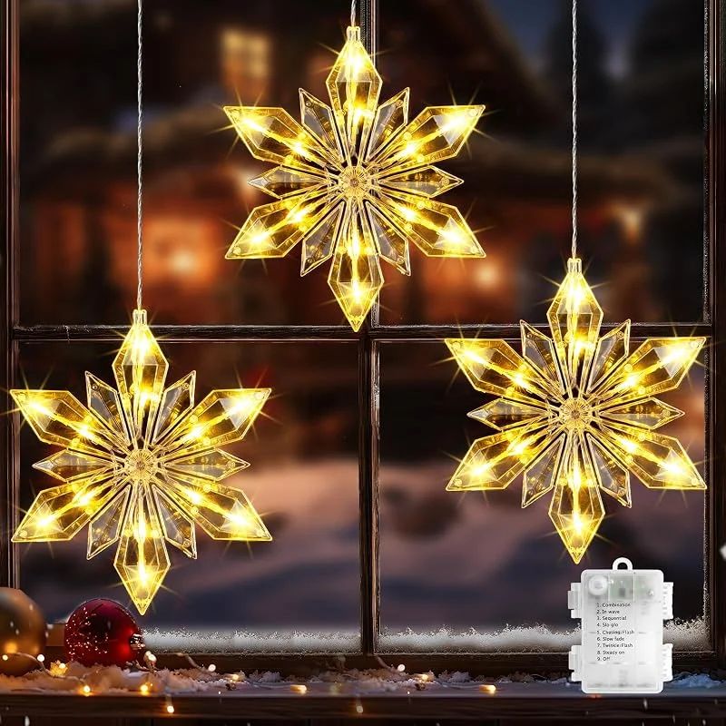 Visita la tienda de GlobaLink GlobaLink Copo de Nieve Cortina Luces Navidad a Pilas -3 Pc 36LED — Decoracion Navidad