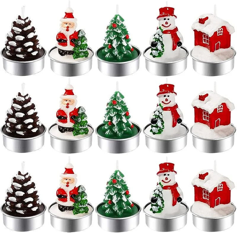 BUZIFU 15 PCS Velas Navideñas Pequeñas sin Aroma Velas de Navidad Decorativas para Mesa Velas de Te Navidad Vela en Forma de Árbol de Navidad, Papá Noel, Muñeco de Nieve, Piña, Casa para Regalos — Adviento y mesa