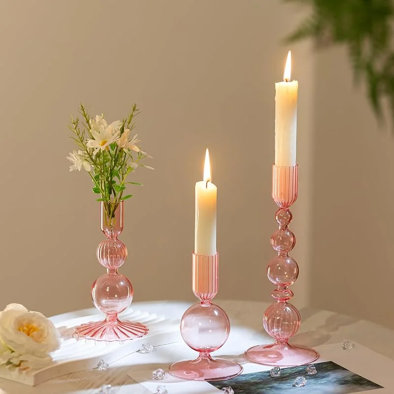 Hewory portavela de cristal rosa: palitos de colores decoración vela mesa comedor - Vintage portavelas de cristal para salón boda fiesta - Juego de 3 — Cena a la luz de velas