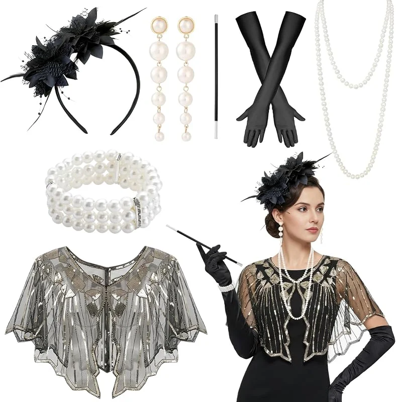 Dongcill Disfraz de los años 20 para mujer, 8 piezas de accesorios de Great Gatsby, accesorios para vestido de los años 20, juego con tocado, guantes, collar, pulsera, pendientes para carnaval y — Ropa Navidad