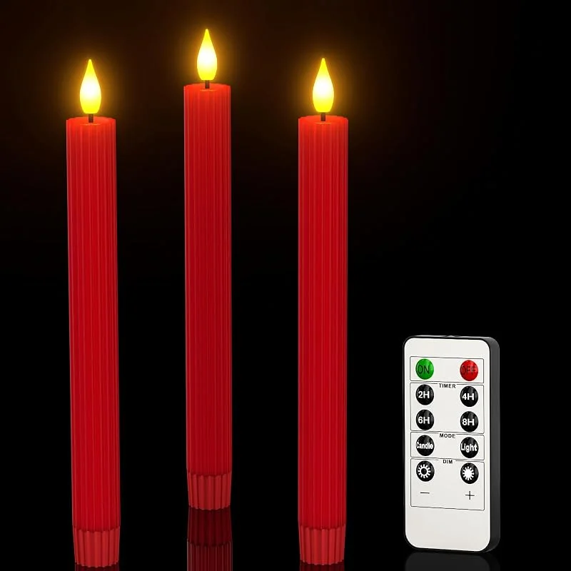 Visita la tienda de PChero PChero - Velas cónicas LED rojas con temporizador remoto, 3 piezas de cera real, sin llama, velas parpadeantes, funcionan con pilas, sin goteo, para decoraciones de fiesta de Navidad, Halloween — Cena a la luz de velas