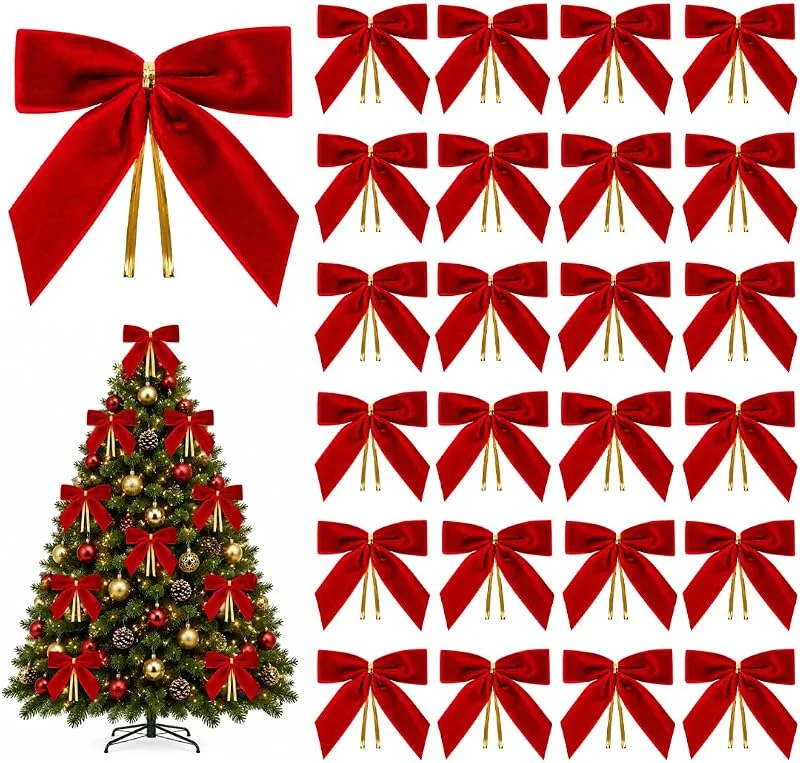 DUSPAK 24 Lazos Pequeños Rojos Terciopelo Navidad, 9x9 cm, Árbol, Corona — Envoltorio regalo