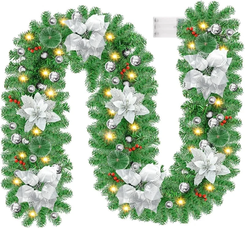 Visita la tienda de Tiazhan Guirnalda Navideña, Tiazhan Guirnalda Navideña de 9 pies con Luces para Decoraciones Navideñas, Guirnalda de Decoración de Navidad para Chimeneas, Escaleras, Vacaciones, Decoración de Boda y Fiesta — Decoracion Navidad