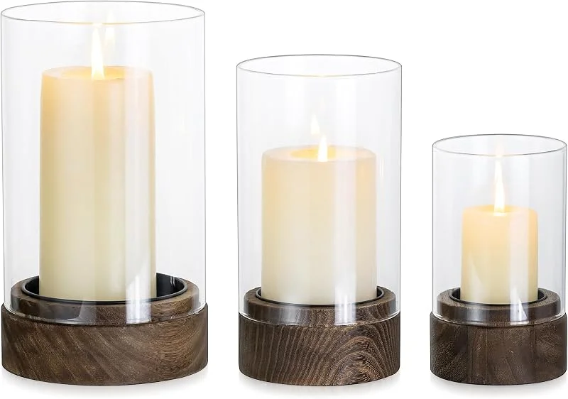 Hewory Portavelas de cristal para decoración de mesa al aire libre: juego de 3 cilindros de cristal vintage para velas con base de madera, tamaño grande, para decoración bohemia, rústica, salón — Cena a la luz de velas