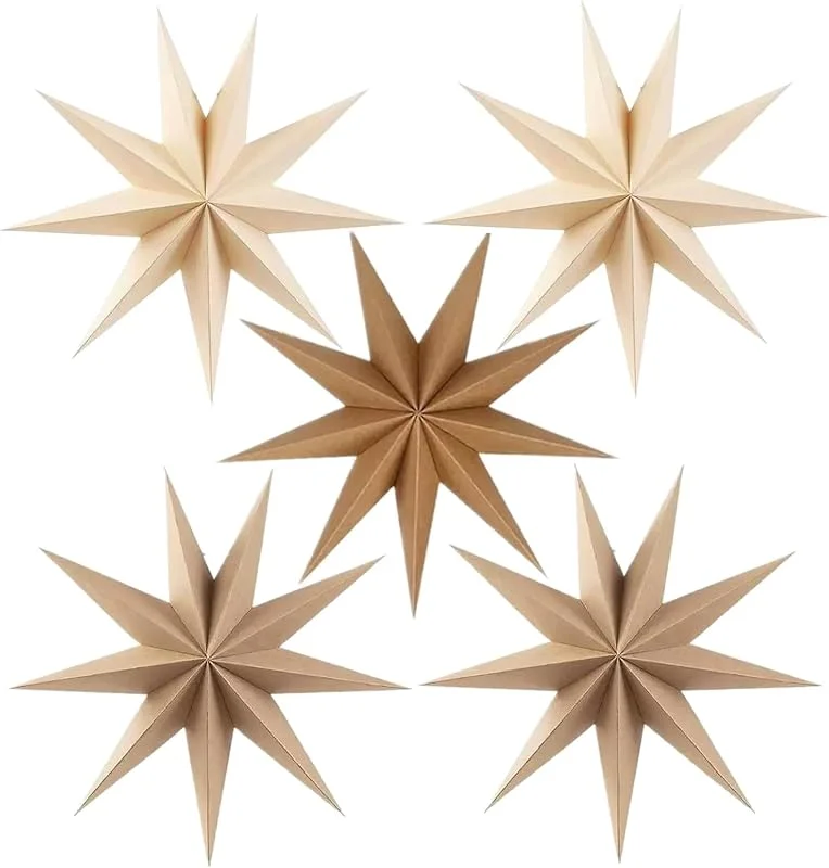 Kizozo Juego de 5 Estrellas de Papel para Colgar 30cm, Decoración Navideña para Interior Exterior, Adorno para Ventana y Árbol de Navidad (Marrón Set) — Decoracion Navidad