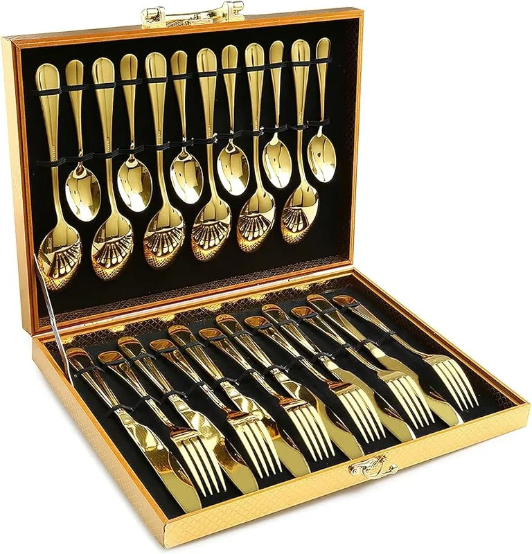 KAHEIGN 24 Piezas Oro Cubiertos, Oro Forjado Cubiertos de Acero Inoxidable, 6 x Cuchillos de Cena, 6 x Cuchara, 6 x Tenedores, 6 x Cucharaditas, Vajilla Pulida para Boda Aniversario Navidad Fiesta — Adviento y mesa