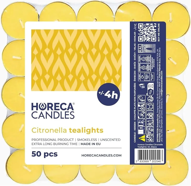 Horeca Candles - Velas de Té con Citronela - Lote de 50 Velas Perfumadas - Duración de Combustión 4 Horas - Amarillas - Candelitas Para Exteriores, Balcón, Picnic, Camping — Cena a la luz de velas