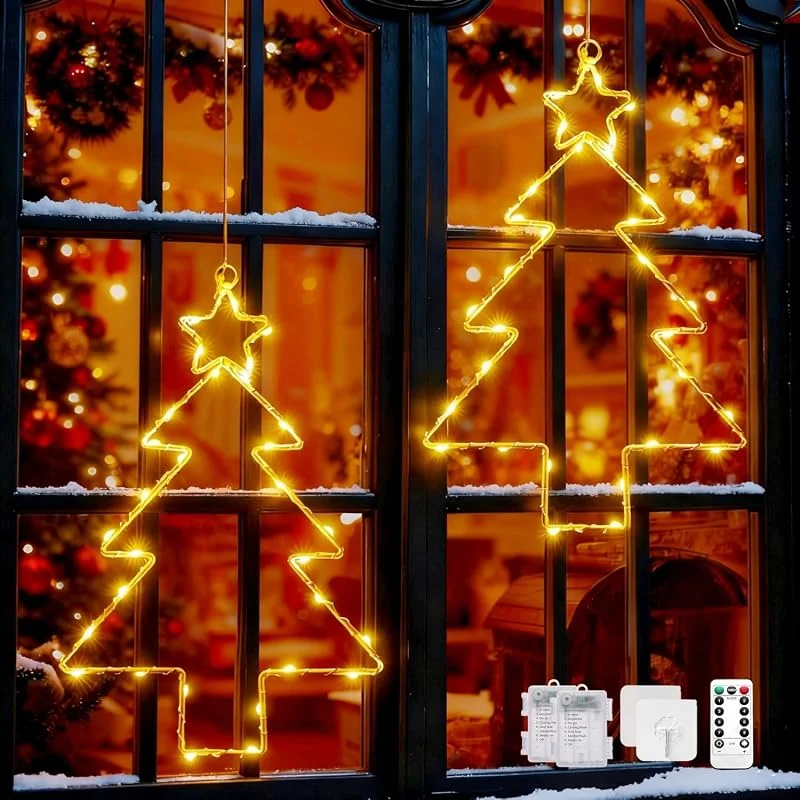 Visita la tienda de Lypumso Lypumso Luces Árbol de Navidad, 2 Piezas 45 LED Cortina de Luces a Pilas, Luz Colgantes Ventana Navidad 8 Modos, Temporizador IP44, para Decoracion Navideña Interior Exterior, Ventana, Balcón, Fiesta — Luces Navidad