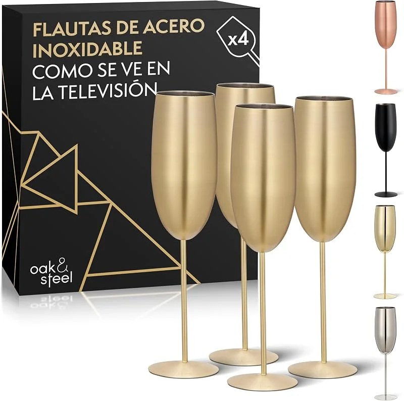 Visita la tienda de OS Oak & Steel ENGLAND Oak & Steel – 4 flautas de champán de acero inoxidable con caja de regalo, oro mate – 284 ml — Vino y mesa festiva