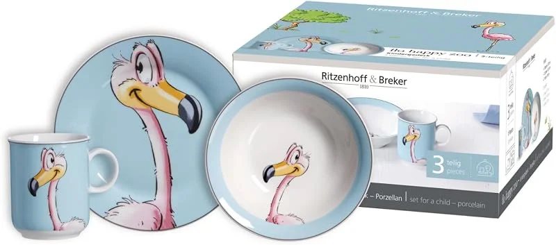 Ritzenhoff & Breker Juego de vajilla infantil Happy Zoo, 3 piezas, diseño flamenco, Kindergeschirr-Set — Adviento y mesa