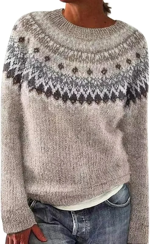 Generic HUIFUAO Fair Isle Jumpers - Suéter de Navidad para mujer, talla grande, ropa de punto noruego, nórdico, islandés, cálido, grueso, vintage, manga larga, sudadera, Z01 Caqui, 4XL — Ropa Navidad