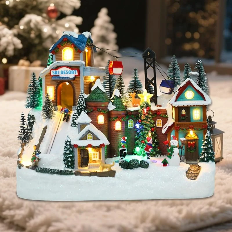 WONDER GARDEN Casas de pueblo de Navidad con telesquís, decoración de mesa de vacaciones, edificios coleccionables de Navidad con música y luces LED para decoración del hogar o regalo — Decoracion Navidad