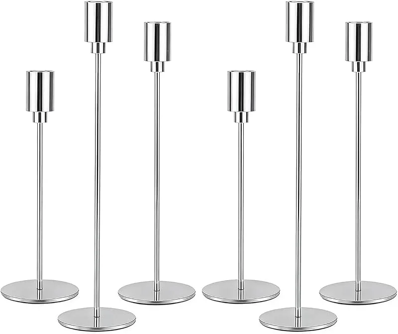 Filltown Juego de 6 candelabros plateados, 32, 27, 22 cm, candelabro vintage decorativo de metal para repisas de chimenea, bodas, cenas, cumpleaños, centro de mesa, decoración del hogar — Cena a la luz de velas