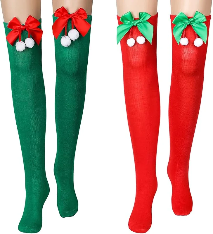 BBTO 2 Pares Medias de Fiesta de Navidad sobre Rodilla Largas con Accesorios Navideños — Ropa Navidad