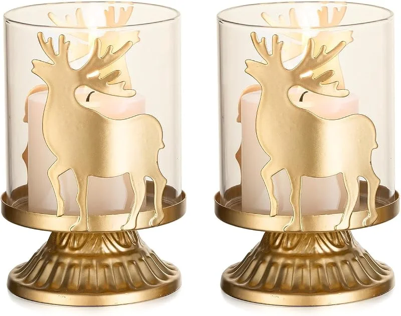 Romadedi - Portavelas de ciervo para mesa de Navidad: juego de 2 velas de té doradas con diseño de reno de Navidad para decoración de centro de mesa, chimenea, estante de comedor, sala de estar — Decoracion Navidad
