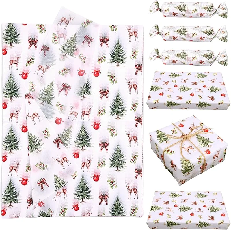 XIHIRCD 30 Hojas Papel Seda Navidad, Campana Ciervo Papel Regalo — Envoltorio regalo