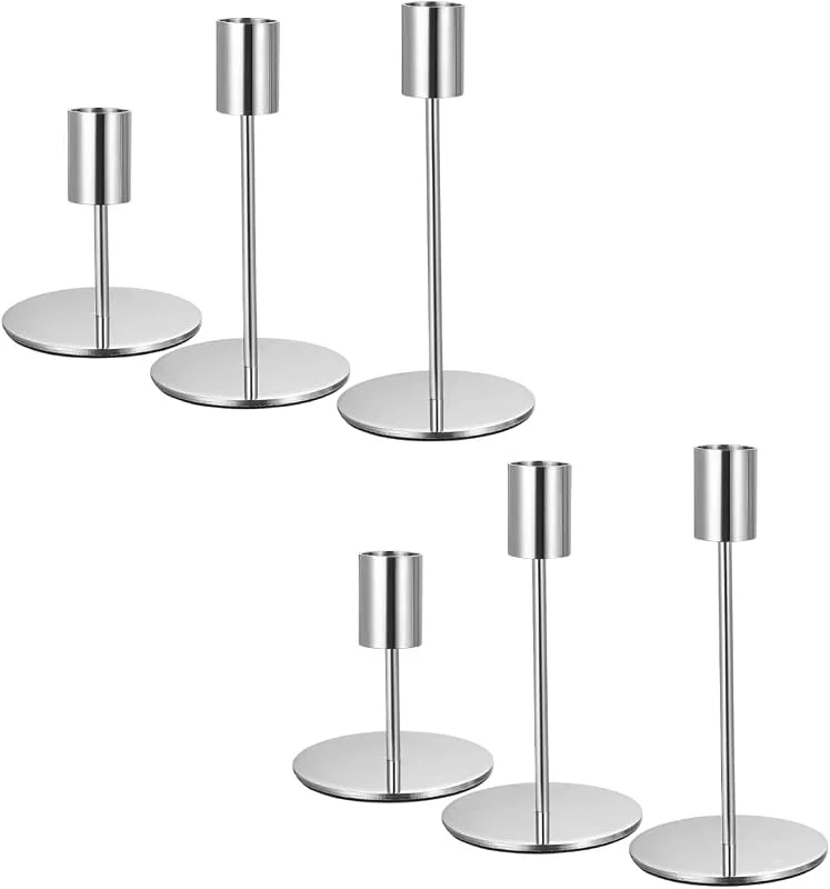 NUANJUYU Paquete de 6 portavelas de Metal Vintage – Candelabro cónico de diseño Elegante para decoración de Bodas, cenas y mesas Festivas (Plateado) — Cena a la luz de velas