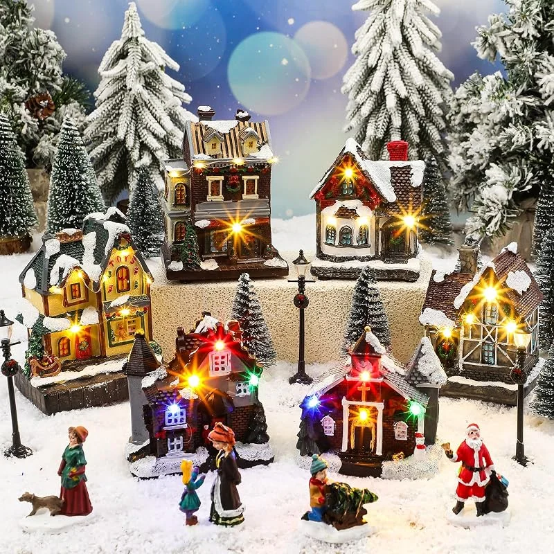 Yalikop Paquete de 23 figuras LED preiluminadas de aldea de Navidad, accesorios de colección de edificios urbanos para vacaciones, Navidad, bricolaje, mesa, funciona con pilas (no incluidas) (vívido) — Decoracion Navidad