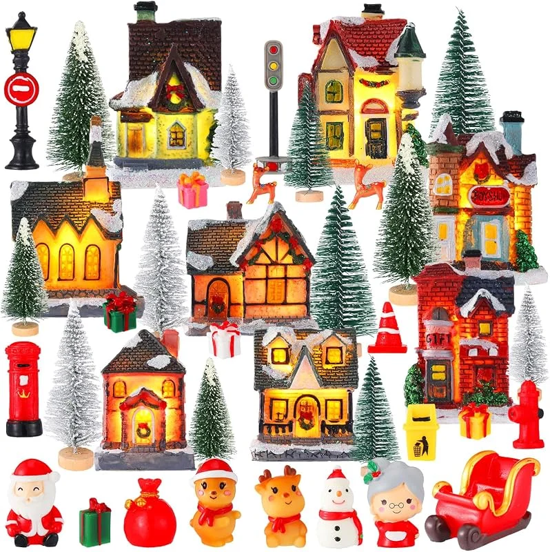 Liliful Juego de 40 piezas de aldea de Navidad iluminadas con LED, casas de pueblo de Navidad con figuras, figuras de resina de escena de Navidad, edificios coleccionables de Navidad, decoración de — Decoracion Navidad