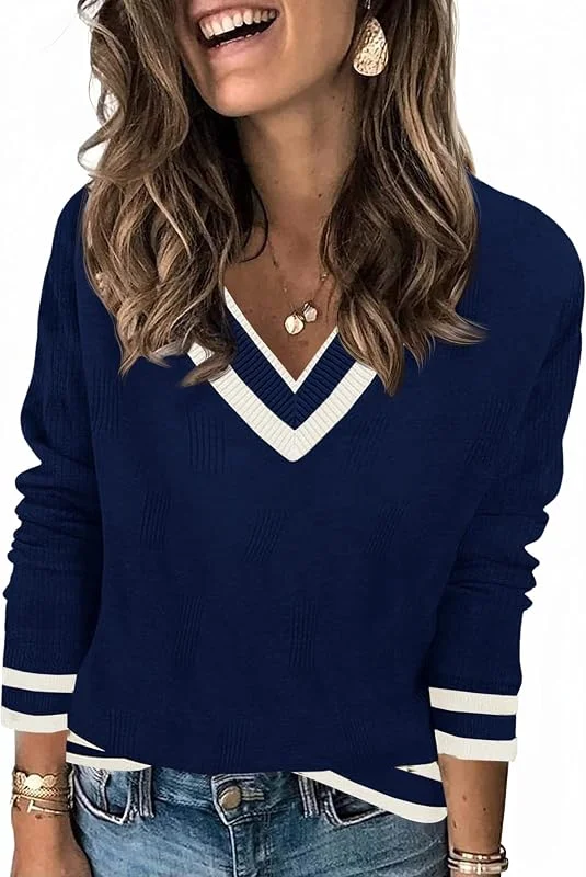 Visita la tienda de Saodimallsu Saodimallsu Jersey de manga larga para mujer, cuello en V, jersey de punto ligero, a rayas, informal, básico, para otoño e invierno — Ropa Navidad