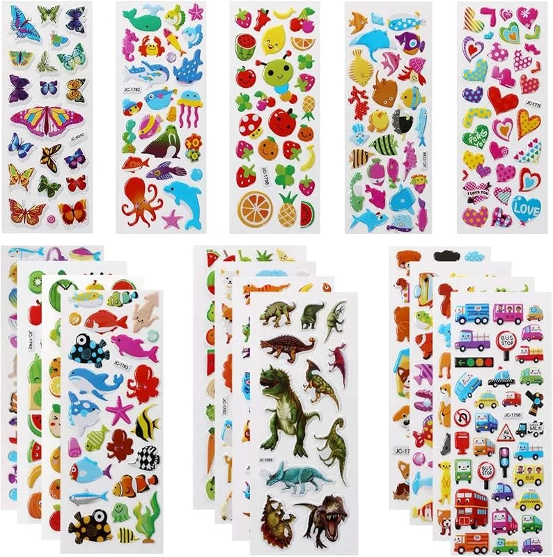 Vicloon Pegatinas 550+ 3D Puffy Pegatinas, 22 Hojas Variedad de Pegatina para Regalos Gratificantes Scrapbooking Que Incluye Animales, Peces, Dinosaurios, Números, Frutas, Aviones y Más — Envoltorio regalo