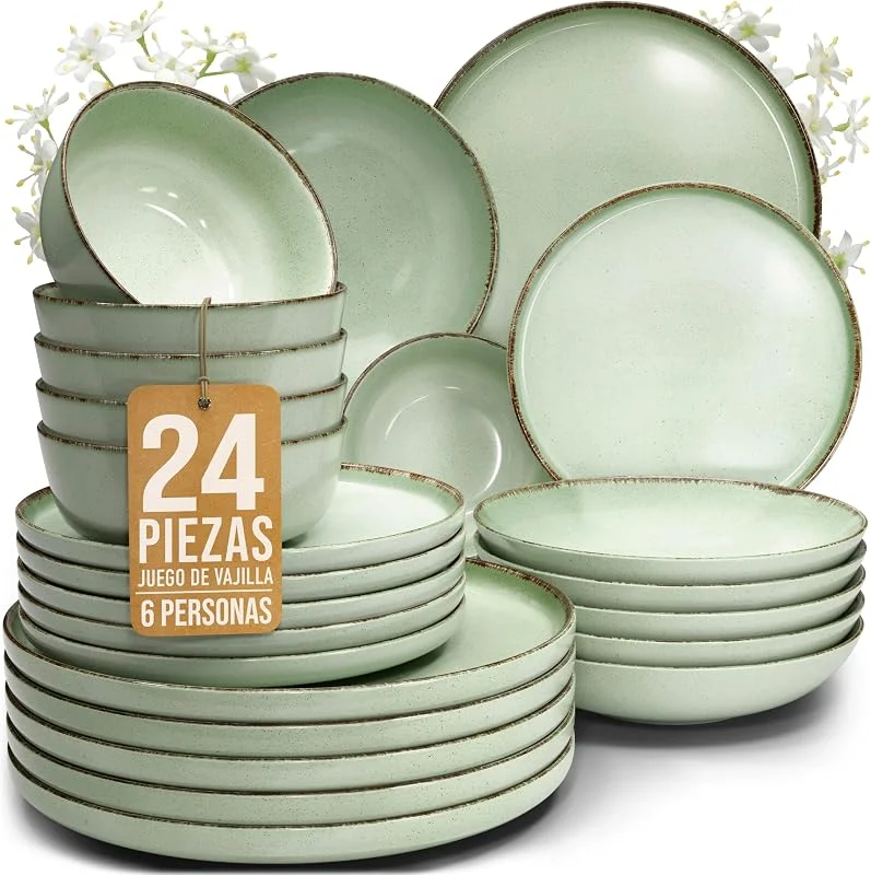 Visita la tienda de PURE LIVING INTERIOR DESIGN Vajillas Steingut Rustic 24 Piezas para 6 Personas, Verde Menta — Adviento y mesa