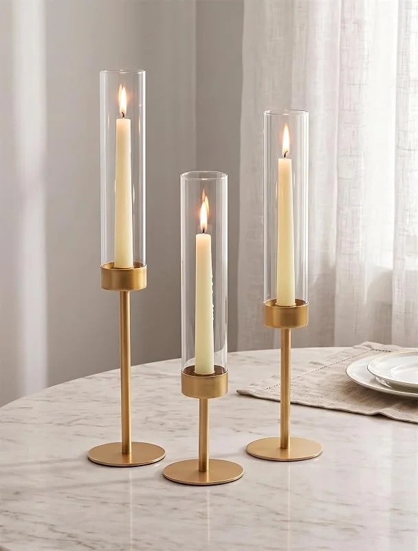 Visita la tienda de Sziqiqi Sziqiqi Portavelas cónico Hurricane: portavelas dorado para centro de mesa de boda, juego de 3 portavelas de cristal para chimenea de Navidad — Cena a la luz de velas