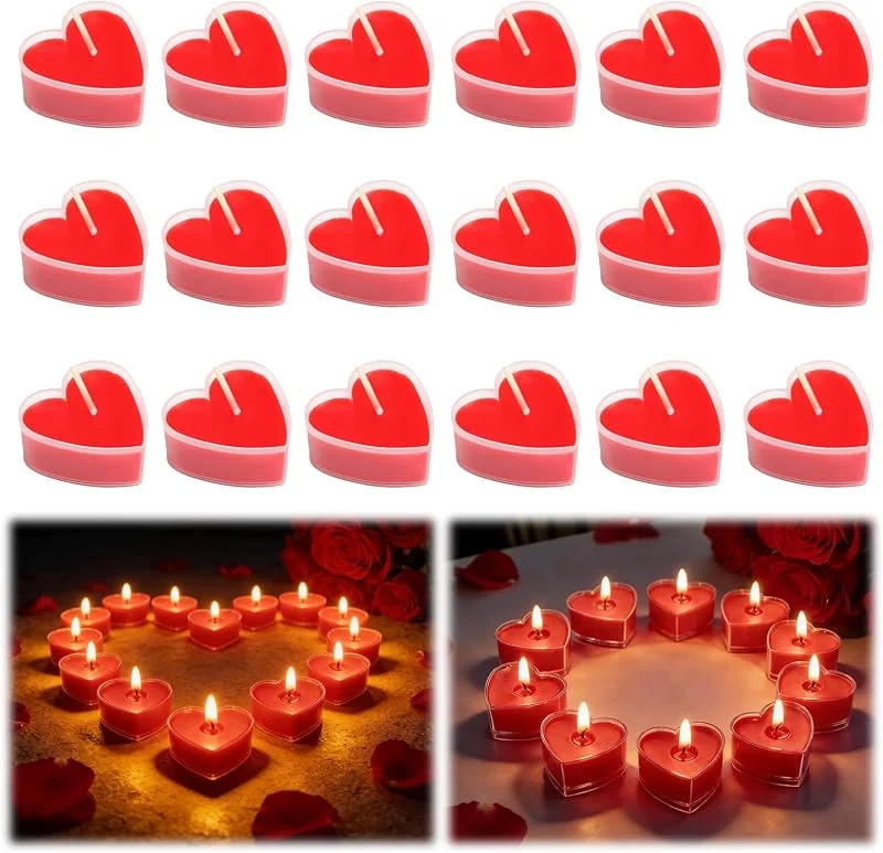 LOLANIUT Velas de Té con Forma de Corazón Rojas 18 Piezas Cera Vegetal para San Valentín Boda Aniversario Cena Romántica Decoración de Mesa — Cena a la luz de velas