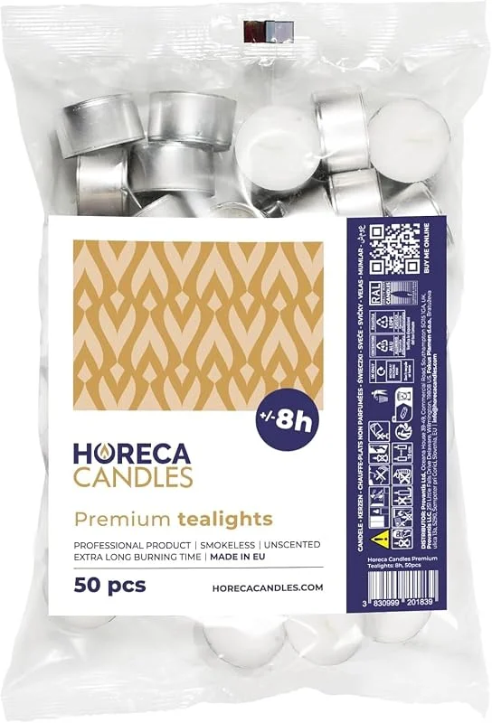 Horeca Candles - Velas de té - Premium combustión: +8 horas - Blanco - 50 unidades - Funda de aluminio - Candelitas para celebraciones, decoración, bodas, gastro, fiestas - Sin perfume — Cena a la luz de velas