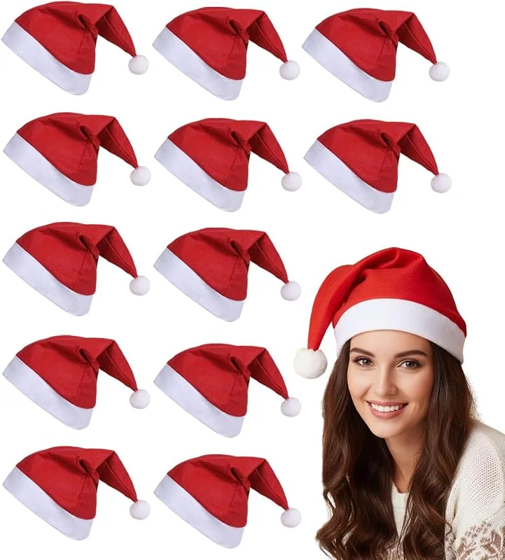 SUVEK 12 Gorros de Papá Noel - Gorros de Navidad Rojos y Blancos Unisex para Adultos - Sombreros Tradicionales de Santa Claus - Accesorios Navideños para Fiesta, Disfraz y Decoración de Navidad — Ropa Navidad